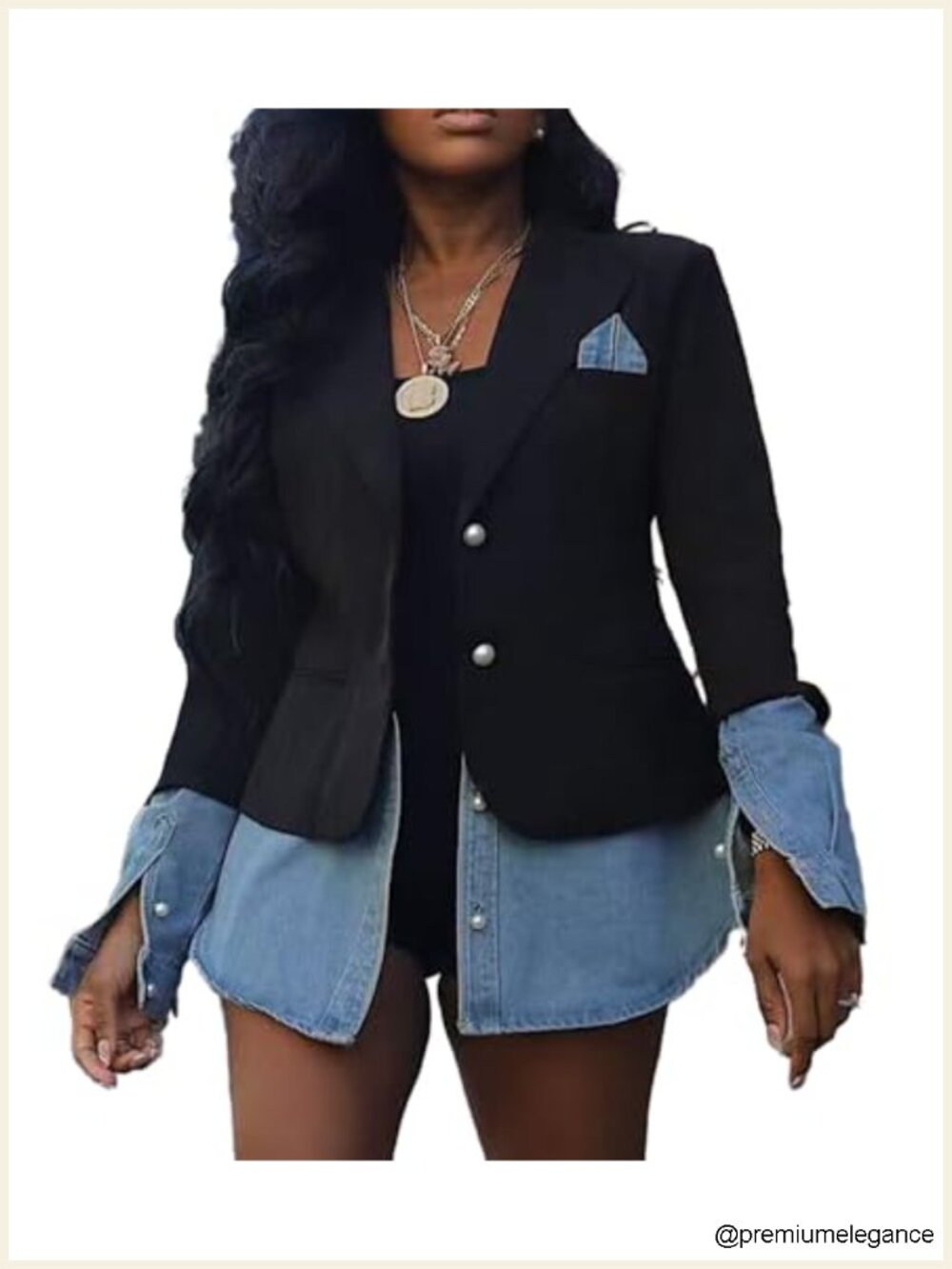 Women's Denim Blazer Jacket Long Sleeve Notched Lapel Trendy Coat
